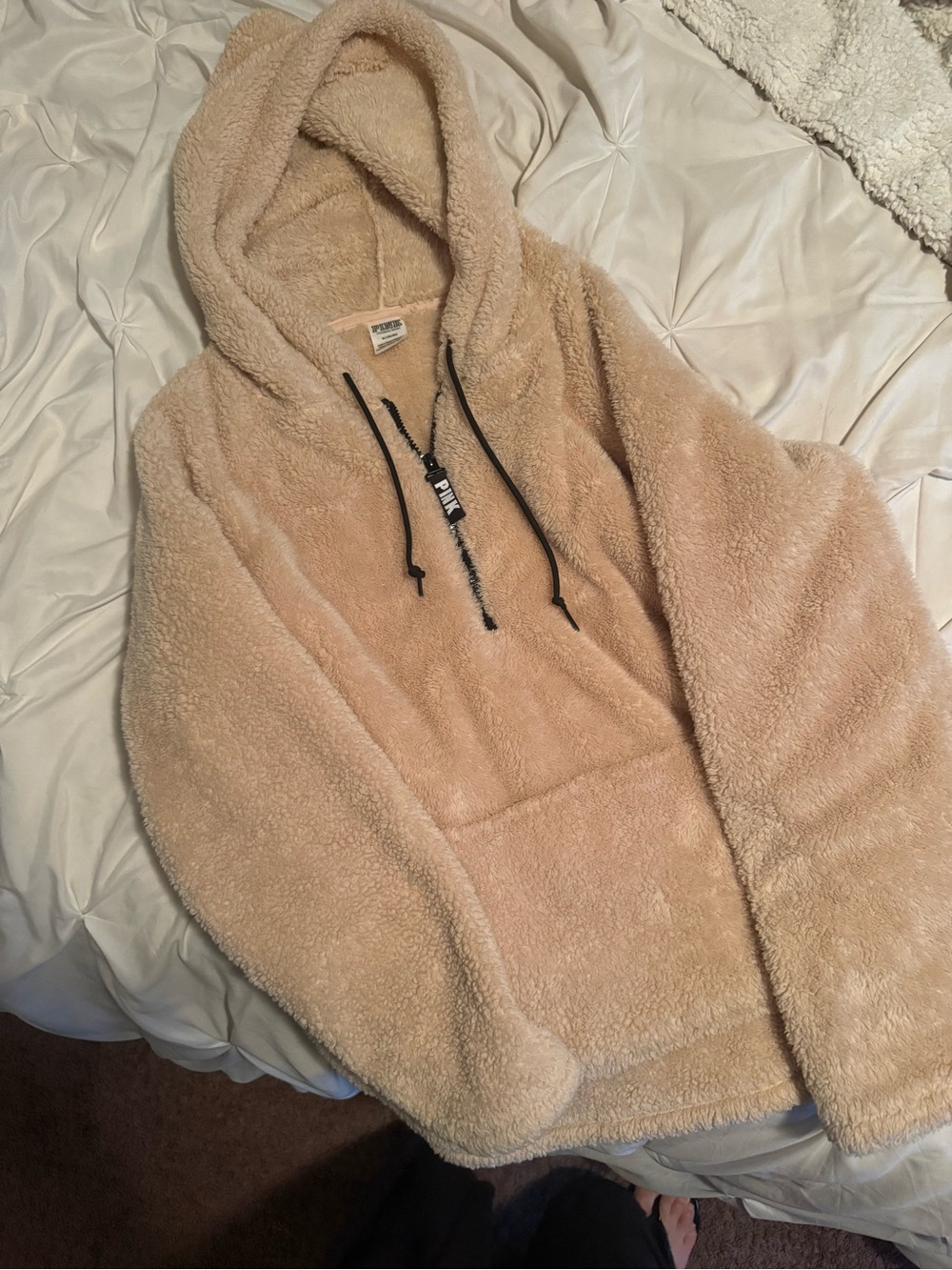 PINK Victoria's Secret Plush Hooded Teddy Jacket - Light Tan